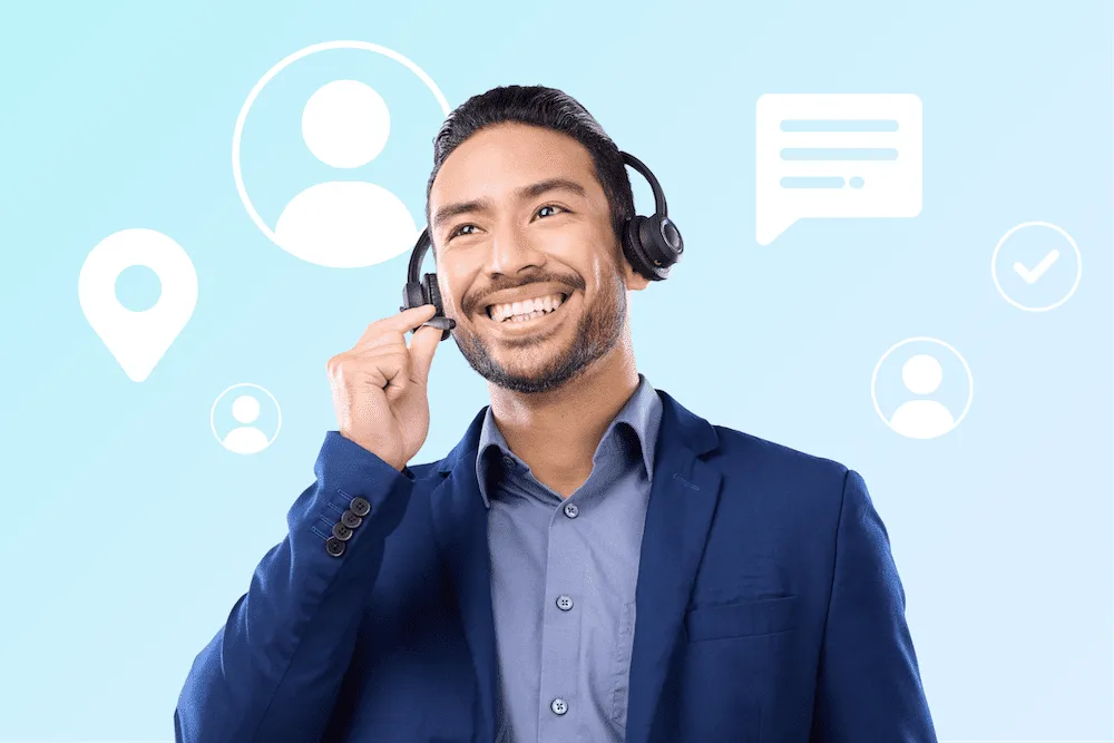 Happy call center agent providing 24/7 customer support, working on a laptop with digital chat icons around